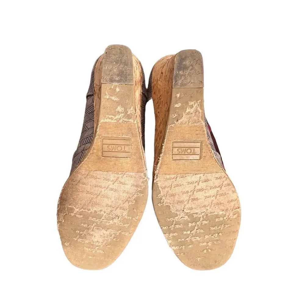 Toms Espadrille Peep Toe Grey Canvas Cork Wedge Size 8.5